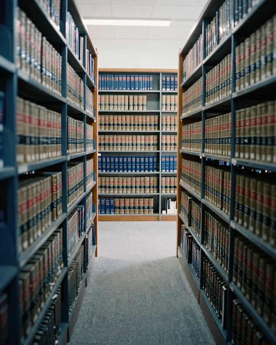 Wide, soft daylight view of a quiet legal library with long shelv