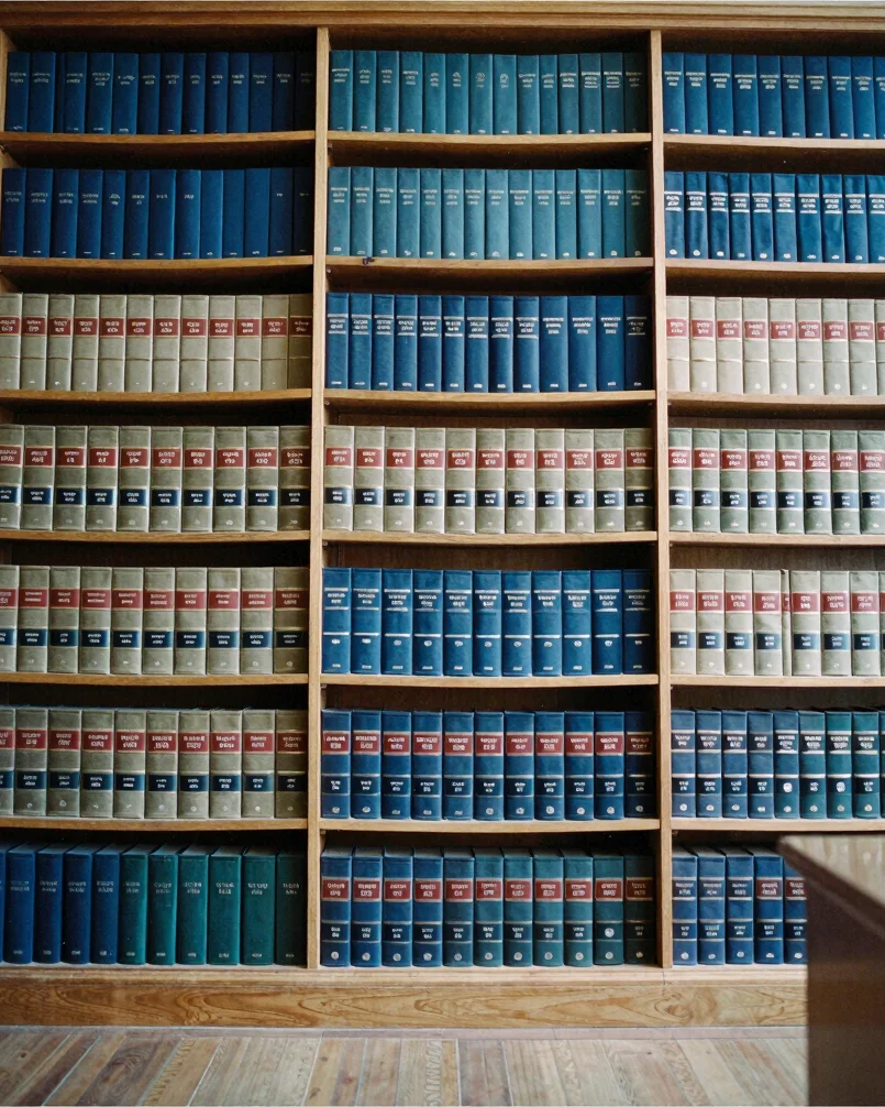 Wide, quiet architectural view of a French legal library with row