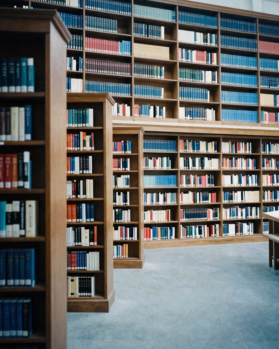 Wide quiet architectural view of a French law library with rows o